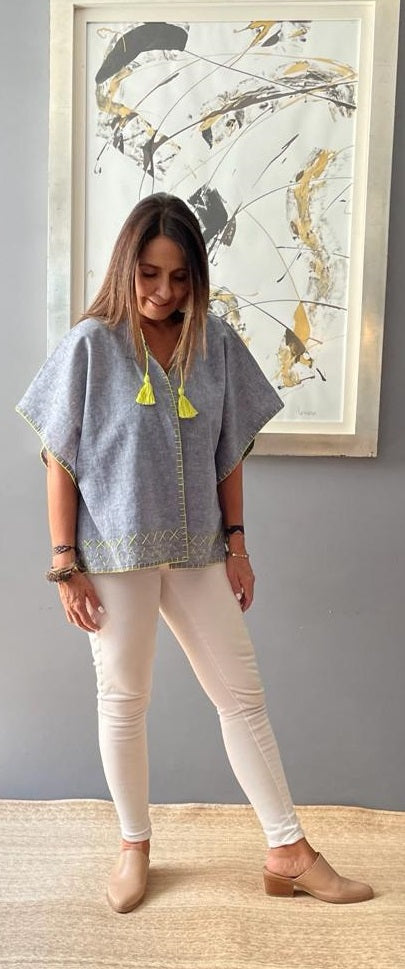 Saco Corto Lino Mezclilla Bordado